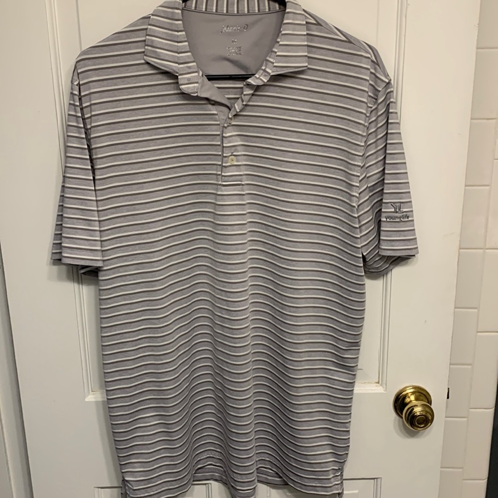 Johnnie-O size medium gray and white striped polo in great condition.